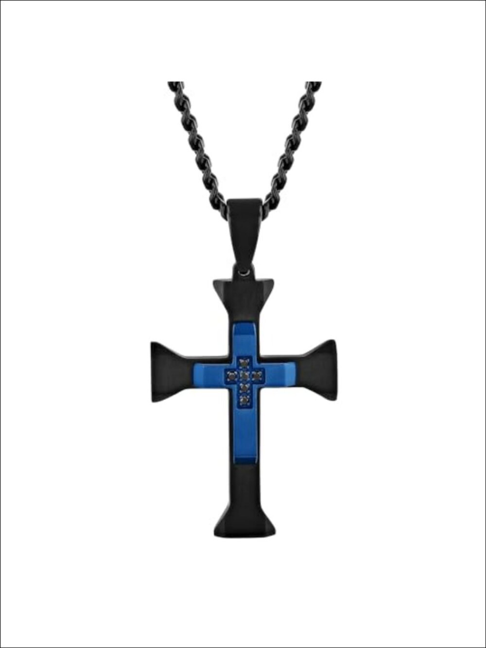 Stainless Steel Cross Pendant 24" Cuban Chain Black Diamond Men's Necklace